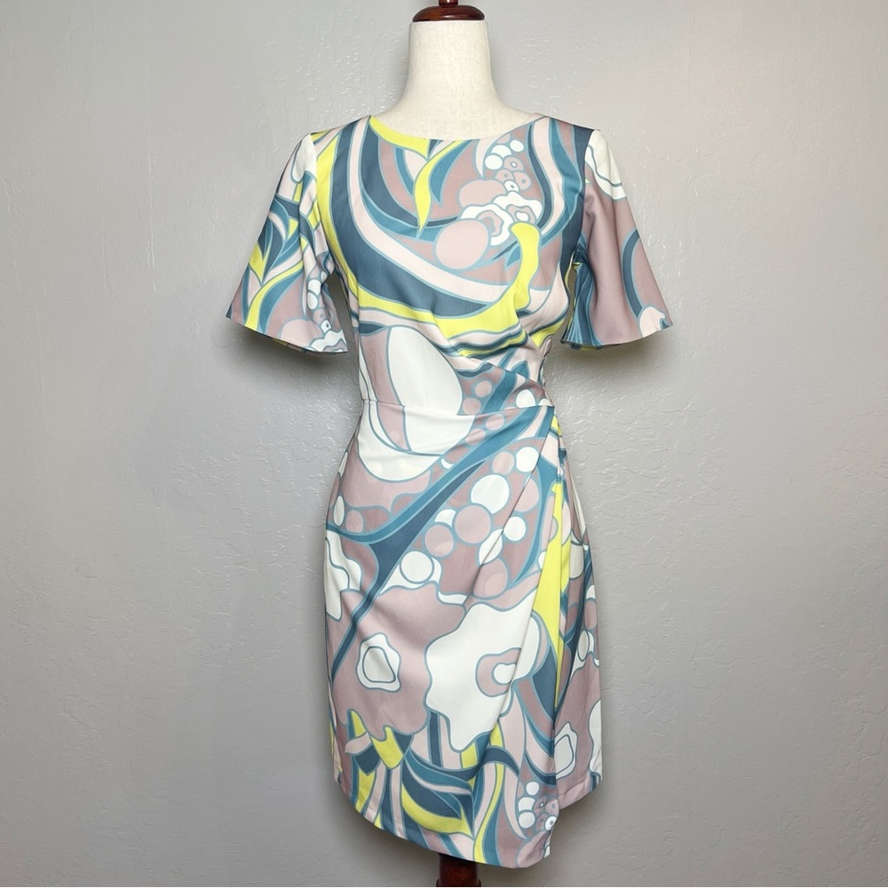 •CLOSET London• Short Sleeve Sheath‎ Wrap Dress in Retro Abstract Print Size 6